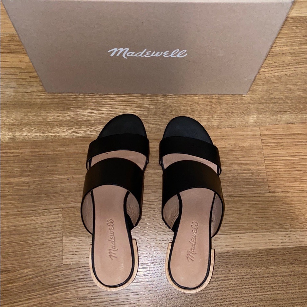 Madewell Keira Wood Block Heel Two Strap Sandals Mules Open Toe Leather Black